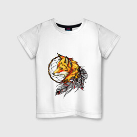 Детская футболка хлопок с принтом Страж снов , 100% хлопок | круглый вырез горловины, полуприлегающий силуэт, длина до линии бедер | арт | желтый | животные | картинка | лис | лиса | ловец снов | перо | перья | рисунок | рыжий
