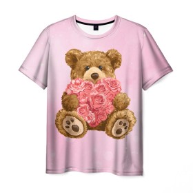 Мужская футболка 3D с принтом Плюшевый медведь с сердечком , 100% полиэфир | прямой крой, круглый вырез горловины, длина до линии бедер | Тематика изображения на принте: арт | животные | картинка | медвежонок | мишка | плюшевый медведь | рисунок | розовые цветы | розочки | розы | сердечко | сердце | сердце из роз | цветы