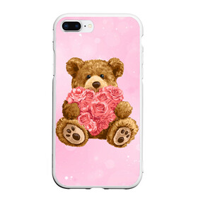 Чехол для iPhone 7Plus/8 Plus матовый с принтом Плюшевый медведь с сердечком , Силикон | Область печати: задняя сторона чехла, без боковых панелей | арт | животные | картинка | медвежонок | мишка | плюшевый медведь | рисунок | розовые цветы | розочки | розы | сердечко | сердце | сердце из роз | цветы