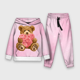 Детский костюм 3D (с толстовкой) с принтом Плюшевый медведь с сердечком ,  |  | Тематика изображения на принте: арт | животные | картинка | медвежонок | мишка | плюшевый медведь | рисунок | розовые цветы | розочки | розы | сердечко | сердце | сердце из роз | цветы