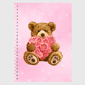Тетрадь с принтом Плюшевый медведь с сердечком , 100% бумага | 48 листов, плотность листов — 60 г/м2, плотность картонной обложки — 250 г/м2. Листы скреплены сбоку удобной пружинной спиралью. Уголки страниц и обложки скругленные. Цвет линий — светло-серый
 | арт | животные | картинка | медвежонок | мишка | плюшевый медведь | рисунок | розовые цветы | розочки | розы | сердечко | сердце | сердце из роз | цветы