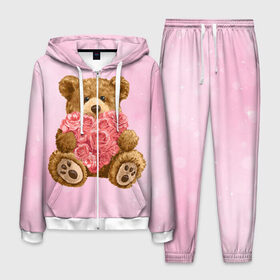 Мужской костюм 3D с принтом Плюшевый медведь с сердечком , 100% полиэстер | Манжеты и пояс оформлены тканевой резинкой, двухслойный капюшон со шнурком для регулировки, карманы спереди | арт | животные | картинка | медвежонок | мишка | плюшевый медведь | рисунок | розовые цветы | розочки | розы | сердечко | сердце | сердце из роз | цветы