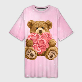 Платье-футболка 3D с принтом Плюшевый медведь с сердечком ,  |  | арт | животные | картинка | медвежонок | мишка | плюшевый медведь | рисунок | розовые цветы | розочки | розы | сердечко | сердце | сердце из роз | цветы