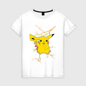 Женская футболка хлопок с принтом Pikachu , 100% хлопок | прямой крой, круглый вырез горловины, длина до линии бедер, слегка спущенное плечо | anime | pikachu | pokemon | pokemon logo | аниме | анимэ | пика | пикачу | покемон | покемон постер | эш и пикачу | эш кетчум | япония | японский
