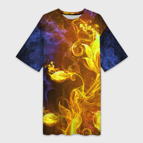 Платье-футболка 3D с принтом Огненный цветок ,  |  | fire | flame | luxe | абстракция | дым | золото | золотой | красивая | огонь | пламя | пламя космос | психоделика | разводы красок | синий | фракталы | цветок
