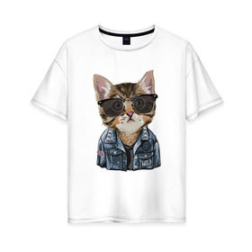 Женская футболка хлопок Oversize с принтом Кот в очках , 100% хлопок | свободный крой, круглый ворот, спущенный рукав, длина до линии бедер
 | cat | в очках | кот | кот рокер | котик | котяра | кошка | крутой кот | милый | милый кот | рокер