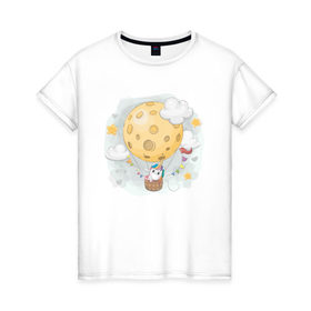 Женская футболка хлопок с принтом Единорог в космосе , 100% хлопок | прямой крой, круглый вырез горловины, длина до линии бедер, слегка спущенное плечо | nasa | воздушный шар | единорог | звезды | космос | луна | милый | милый единорог