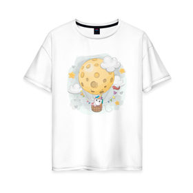 Женская футболка хлопок Oversize с принтом Единорог в космосе , 100% хлопок | свободный крой, круглый ворот, спущенный рукав, длина до линии бедер
 | nasa | воздушный шар | единорог | звезды | космос | луна | милый | милый единорог