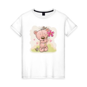 Женская футболка хлопок с принтом Милый мишка с цветочком , 100% хлопок | прямой крой, круглый вырез горловины, длина до линии бедер, слегка спущенное плечо | арт | воробушек | воробьи | животные | картинка | медведь | медвежонок | мишка | плюшевый мишка | подарок | птичка | рисунок | цветок | цветочки