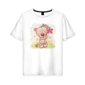 Женская футболка хлопок Oversize с принтом Милый мишка с цветочком , 100% хлопок | свободный крой, круглый ворот, спущенный рукав, длина до линии бедер
 | арт | воробушек | воробьи | животные | картинка | медведь | медвежонок | мишка | плюшевый мишка | подарок | птичка | рисунок | цветок | цветочки