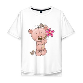 Мужская футболка хлопок Oversize с принтом Милый мишка с цветочком , 100% хлопок | свободный крой, круглый ворот, “спинка” длиннее передней части | арт | воробушек | воробьи | животные | картинка | медведь | медвежонок | мишка | плюшевый мишка | подарок | птичка | рисунок | цветок | цветочки