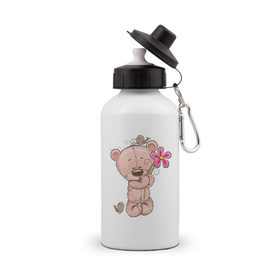 Бутылка спортивная с принтом Милый мишка с цветочком , металл | емкость — 500 мл, в комплекте две пластиковые крышки и карабин для крепления | арт | воробушек | воробьи | животные | картинка | медведь | медвежонок | мишка | плюшевый мишка | подарок | птичка | рисунок | цветок | цветочки