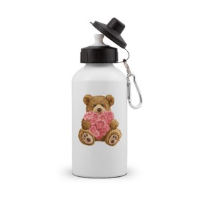 Бутылка спортивная с принтом Плюшевый медведь с сердечком , металл | емкость — 500 мл, в комплекте две пластиковые крышки и карабин для крепления | Тематика изображения на принте: арт | животные | картинка | медвежонок | мишка | плюшевый медведь | рисунок | розовые цветы | розочки | розы | сердечко | сердце | сердце из роз | цветы