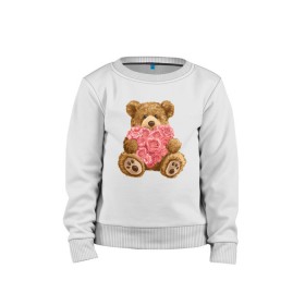 Детский свитшот хлопок с принтом Плюшевый медведь с сердечком , 100% хлопок | круглый вырез горловины, эластичные манжеты, пояс и воротник | арт | животные | картинка | медвежонок | мишка | плюшевый медведь | рисунок | розовые цветы | розочки | розы | сердечко | сердце | сердце из роз | цветы