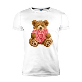Мужская футболка премиум с принтом Плюшевый медведь с сердечком , 92% хлопок, 8% лайкра | приталенный силуэт, круглый вырез ворота, длина до линии бедра, короткий рукав | Тематика изображения на принте: арт | животные | картинка | медвежонок | мишка | плюшевый медведь | рисунок | розовые цветы | розочки | розы | сердечко | сердце | сердце из роз | цветы