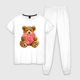 Женская пижама хлопок с принтом Плюшевый медведь с сердечком , 100% хлопок | брюки и футболка прямого кроя, без карманов, на брюках мягкая резинка на поясе и по низу штанин | арт | животные | картинка | медвежонок | мишка | плюшевый медведь | рисунок | розовые цветы | розочки | розы | сердечко | сердце | сердце из роз | цветы