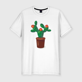 Мужская футболка хлопок Slim с принтом Кактус , 92% хлопок, 8% лайкра | приталенный силуэт, круглый вырез ворота, длина до линии бедра, короткий рукав | зелень | кактус | кактус в горшке | природа | рисунок | цветы