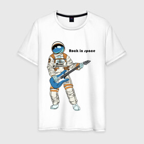 Мужская футболка хлопок с принтом Rock in Space(1) , 100% хлопок | прямой крой, круглый вырез горловины, длина до линии бедер, слегка спущенное плечо. | cosmonaut | rock | rock n roll | space | космонавт | космос | рок