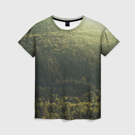 Женская футболка 3D с принтом Летний лес , 100% полиэфир ( синтетическое хлопкоподобное полотно) | прямой крой, круглый вырез горловины, длина до линии бедер | дерево | деревья | зеленый | лес | лето | небо | облако | солнце | темный | ярко