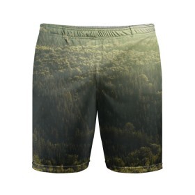 Мужские шорты спортивные с принтом Летний лес ,  |  | дерево | деревья | зеленый | лес | лето | небо | облако | солнце | темный | ярко