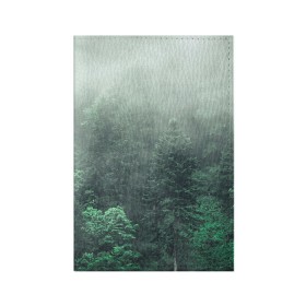 Обложка для паспорта матовая кожа с принтом Туманный лес , натуральная матовая кожа | размер 19,3 х 13,7 см; прозрачные пластиковые крепления | дерево | деревья | зеленый | лес | облака | облако | снег | темный