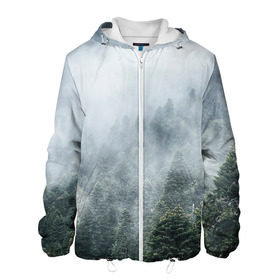 Мужская куртка 3D с принтом Туманный лес , ткань верха — 100% полиэстер, подклад — флис | прямой крой, подол и капюшон оформлены резинкой с фиксаторами, два кармана без застежек по бокам, один большой потайной карман на груди. Карман на груди застегивается на липучку | белый | зеленый | лес | облака | облако | природа | темный | туман