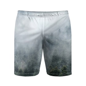 Мужские шорты спортивные с принтом Туманный лес ,  |  | белый | зеленый | лес | облака | облако | природа | темный | туман