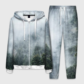 Мужской костюм 3D с принтом Туманный лес , 100% полиэстер | Манжеты и пояс оформлены тканевой резинкой, двухслойный капюшон со шнурком для регулировки, карманы спереди | Тематика изображения на принте: белый | зеленый | лес | облака | облако | природа | темный | туман