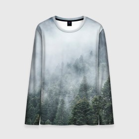 Мужской лонгслив 3D с принтом Туманный лес , 100% полиэстер | длинные рукава, круглый вырез горловины, полуприлегающий силуэт | белый | зеленый | лес | облака | облако | природа | темный | туман