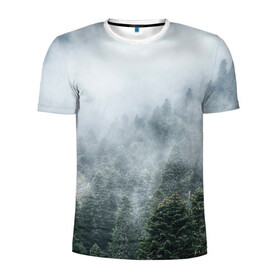Мужская футболка 3D спортивная с принтом Туманный лес , 100% полиэстер с улучшенными характеристиками | приталенный силуэт, круглая горловина, широкие плечи, сужается к линии бедра | белый | зеленый | лес | облака | облако | природа | темный | туман