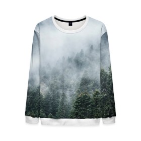 Мужской свитшот 3D с принтом Туманный лес , 100% полиэстер с мягким внутренним слоем | круглый вырез горловины, мягкая резинка на манжетах и поясе, свободная посадка по фигуре | белый | зеленый | лес | облака | облако | природа | темный | туман
