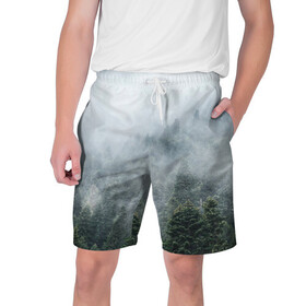 Мужские шорты 3D с принтом Туманный лес ,  полиэстер 100% | прямой крой, два кармана без застежек по бокам. Мягкая трикотажная резинка на поясе, внутри которой широкие завязки. Длина чуть выше колен | белый | зеленый | лес | облака | облако | природа | темный | туман