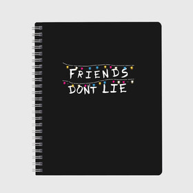 Тетрадь с принтом Friends Dont Lie , 100% бумага | 48 листов, плотность листов — 60 г/м2, плотность картонной обложки — 250 г/м2. Листы скреплены сбоку удобной пружинной спиралью. Уголки страниц и обложки скругленные. Цвет линий — светло-серый
 | Тематика изображения на принте: 11 | demogorgon | dont | friends | lie | retro | stranger | things | дастин | дела | демогоргон | друзья | лгут | не | оди | одиннадцать | очень | ретро | стив | странные | хоппер | хоукинс