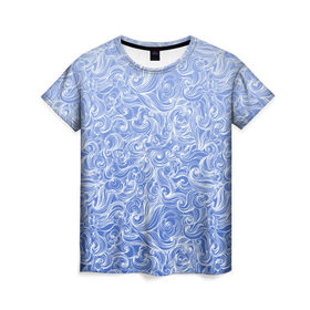 Женская футболка 3D с принтом Волны на голубом фоне , 100% полиэфир ( синтетическое хлопкоподобное полотно) | прямой крой, круглый вырез горловины, длина до линии бедер | textures | абстракция | белый | вода | водный | водяной | волны | дудл | дудлинг | завитки | загогулини | линии | морской | полосы | текстуры | фон