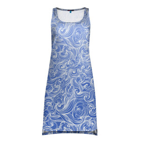 Платье-майка 3D с принтом Волны на голубом фоне , 100% полиэстер | полуприлегающий силуэт, широкие бретели, круглый вырез горловины, удлиненный подол сзади. | textures | абстракция | белый | вода | водный | водяной | волны | дудл | дудлинг | завитки | загогулини | линии | морской | полосы | текстуры | фон
