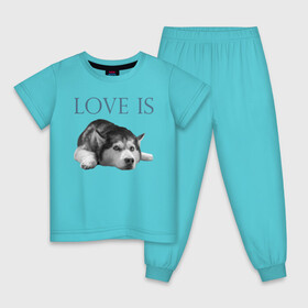 Детская пижама хлопок с принтом Любовь - это хаски , 100% хлопок |  брюки и футболка прямого кроя, без карманов, на брюках мягкая резинка на поясе и по низу штанин
 | дрессировка | забота | любовь | сибирский хаски | собака | собаки | собачка | собачник | увлечение | хаски | хобби