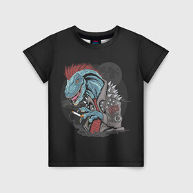 Детская футболка 3D с принтом Dino Punk , 100% гипоаллергенный полиэфир | прямой крой, круглый вырез горловины, длина до линии бедер, чуть спущенное плечо, ткань немного тянется | art | dinosaur | mohawk | moon | punk | арт | динозавр | животные | ирокез | картинка | луна | панк | рисунок