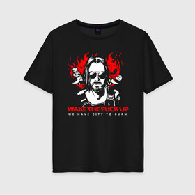 Женская футболка хлопок Oversize с принтом CYBERPUNK 2077 KEANU REEVES , 100% хлопок | свободный крой, круглый ворот, спущенный рукав, длина до линии бедер
 | cd project red | cyberpunk 2077 | demon | keanu reeves | samurai | smile | демон | киану ривз | киберпанк 2077 | самураи | смайл