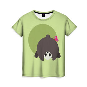 Женская футболка 3D с принтом Прикольная панда с бабочкой , 100% полиэфир ( синтетическое хлопкоподобное полотно) | прямой крой, круглый вырез горловины, длина до линии бедер | бабочка | вектор | графика | детский | зеленый | игра | минимализм | панда | примитив | простой | рисунок | смешной | хвост