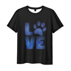 Мужская футболка 3D с принтом Любовь к собакам и животным , 100% полиэфир | прямой крой, круглый вырез горловины, длина до линии бедер | английский | большие буквы | иностранные | лапа | любит животных | любитель собак | любовь | надпись | синий | след | слово | смысл | собачник