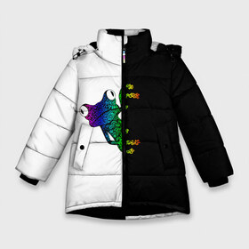 Зимняя куртка для девочек 3D с принтом Лягуха , ткань верха — 100% полиэстер; подклад — 100% полиэстер, утеплитель — 100% полиэстер. | длина ниже бедра, удлиненная спинка, воротник стойка и отстегивающийся капюшон. Есть боковые карманы с листочкой на кнопках, утяжки по низу изделия и внутренний карман на молнии. 

Предусмотрены светоотражающий принт на спинке, радужный светоотражающий элемент на пуллере молнии и на резинке для утяжки. | Тематика изображения на принте: белая | большая | всю | геометрия | глаза | голова | граффити | дикие | добрые | животные | зверь | злые | картинка | лого | лягуха | лягушка | на | опасный | пасть | пятна | пятнистая | смешная | текстуры
