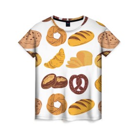 Женская футболка 3D с принтом Булки , 100% полиэфир ( синтетическое хлопкоподобное полотно) | прямой крой, круглый вырез горловины, длина до линии бедер | doodling | textures | tiles | булка | вкусно | выпечка | дудлинг | круассан | тайлы | текстуры | фон | хлеб