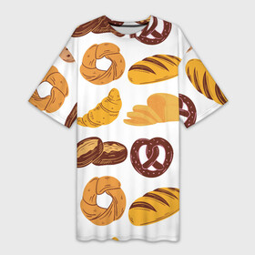 Платье-футболка 3D с принтом Булки ,  |  | doodling | textures | tiles | булка | вкусно | выпечка | дудлинг | круассан | тайлы | текстуры | фон | хлеб