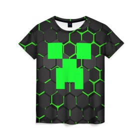 Женская футболка 3D с принтом MINECRAFT CREEPER , 100% полиэфир ( синтетическое хлопкоподобное полотно) | прямой крой, круглый вырез горловины, длина до линии бедер | block | creeper | cube | minecraft | pixel | блок | геометрия | крафт | крипер | кубики | майнкрафт | пиксели