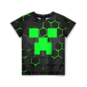 Детская футболка 3D с принтом MINECRAFT CREEPER , 100% гипоаллергенный полиэфир | прямой крой, круглый вырез горловины, длина до линии бедер, чуть спущенное плечо, ткань немного тянется | block | creeper | cube | minecraft | pixel | блок | геометрия | крафт | крипер | кубики | майнкрафт | пиксели