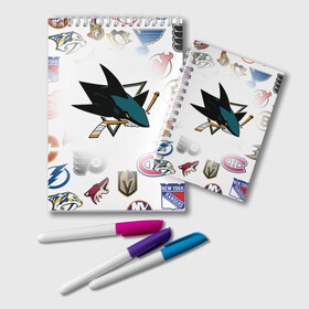 Блокнот с принтом San Jose Sharks (Z) , 100% бумага | 48 листов, плотность листов — 60 г/м2, плотность картонной обложки — 250 г/м2. Листы скреплены удобной пружинной спиралью. Цвет линий — светло-серый
 | Тематика изображения на принте: anaheim ducks | arizona coyotes | boston bruins | buffalo sabres | calgary flames | canadiens de montreal | carolina hurricanes | chicago blackhawks | colorado avalanche | columbus blue jackets | dallas stars | detroit red wings | edmonton oil | hockey | 