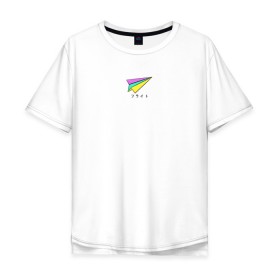 Мужская футболка хлопок Oversize с принтом Бумажный самолетик , 100% хлопок | свободный крой, круглый ворот, “спинка” длиннее передней части | Тематика изображения на принте: бумажный самолёт | иероглифы | надпись на японском | оригами | радуга | самолётик | цветной