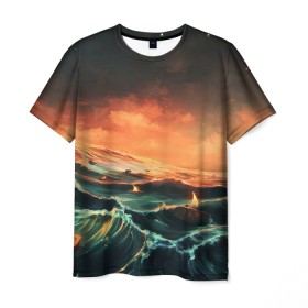 Мужская футболка 3D с принтом Фэнтези море корабли закат , 100% полиэфир | прямой крой, круглый вырез горловины, длина до линии бедер | Тематика изображения на принте: волнение | волны | графика | закат | корабли | море | не сочетаемое | ореховая скорлупа | рассвет | рисунок | свечи | сон | фантастика | фэнтези | шторм