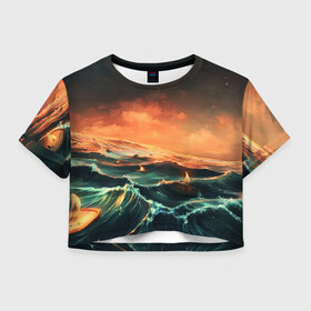 Женская футболка Crop-top 3D с принтом Фэнтези море корабли закат , 100% полиэстер | круглая горловина, длина футболки до линии талии, рукава с отворотами | волнение | волны | графика | закат | корабли | море | не сочетаемое | ореховая скорлупа | рассвет | рисунок | свечи | сон | фантастика | фэнтези | шторм