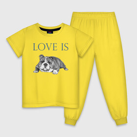 Детская пижама хлопок с принтом Любовь - это бульдог , 100% хлопок |  брюки и футболка прямого кроя, без карманов, на брюках мягкая резинка на поясе и по низу штанин
 | Тематика изображения на принте: английский бульдог | бульдог | дрессировка | забота | любовь | собака | собаки | собачка | собачник | увлечение | хобби